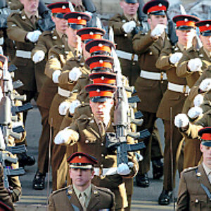 Soldiers from the 2nd Battalion Royal Anglian Regiment march through Leicester city centre. The scene in Town Hall Square. On 20 March 2007.