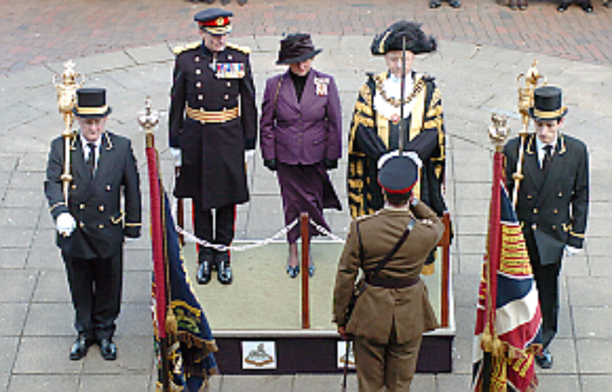 Soldiers from the 2nd Battalion Royal Anglian Regiment march through Leicester city centre. The scene in Town Hall Square. On 20 March 2007.