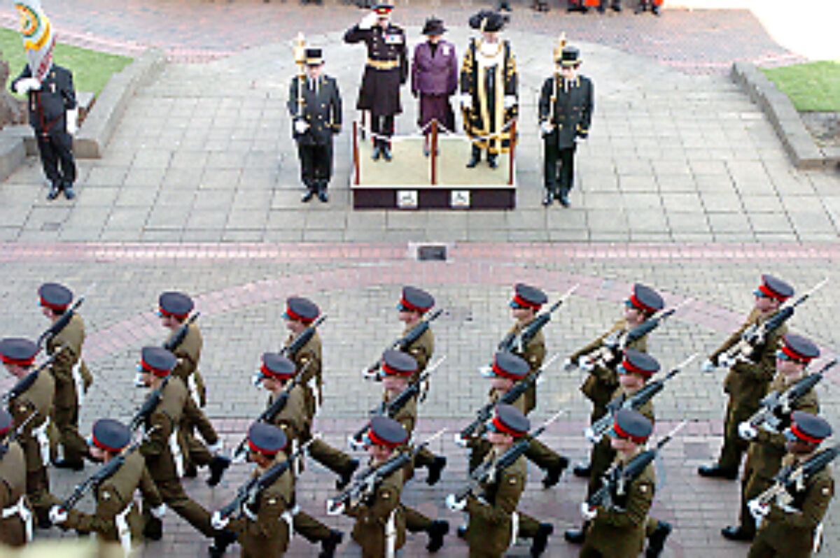 Soldiers from the 2nd Battalion Royal Anglian Regiment march through Leicester city centre. The scene in Town Hall Square