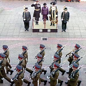 Soldiers from the 2nd Battalion Royal Anglian Regiment march through Leicester city centre. The scene in Town Hall Square