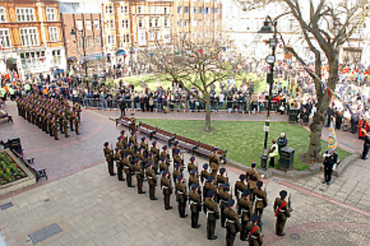 Soldiers from the 2nd Battalion Royal Anglian Regiment march through Leicester city centre. The scene in Town Hall Square Soldiers from the 2nd Battalion Royal Anglian Regiment march through Leicester city centre. The scene in Town Hall Square