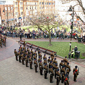 Soldiers from the 2nd Battalion Royal Anglian Regiment march through Leicester city centre. The scene in Town Hall Square