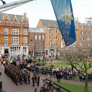 Soldiers from the 2nd Battalion Royal Anglian Regiment march through Leicester city centre. The scene in Town Hall Square