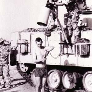 Shower arrangements in Kuwait, 1991 Sometimes a soldier has to adapt and ‘make do’ if there are no proper facilities.