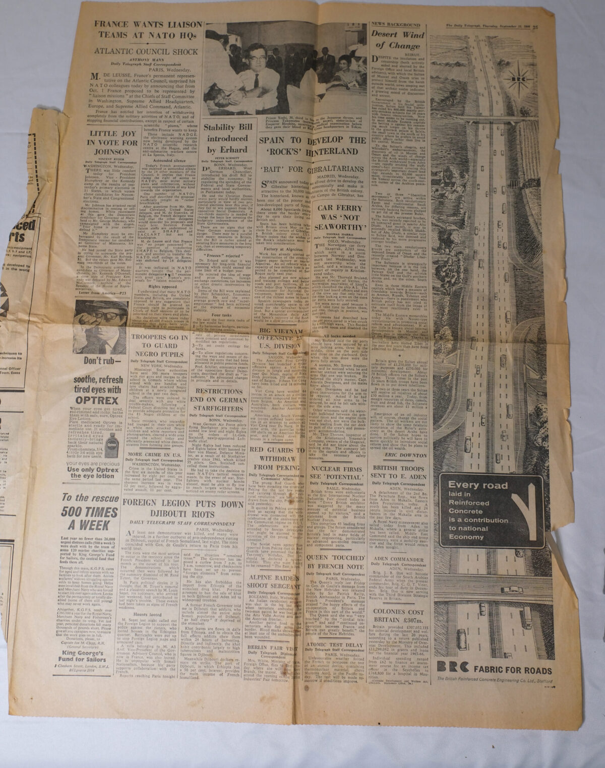 The Daily Telegraph 13 September 1968. Articles on NATO and Beirut. 