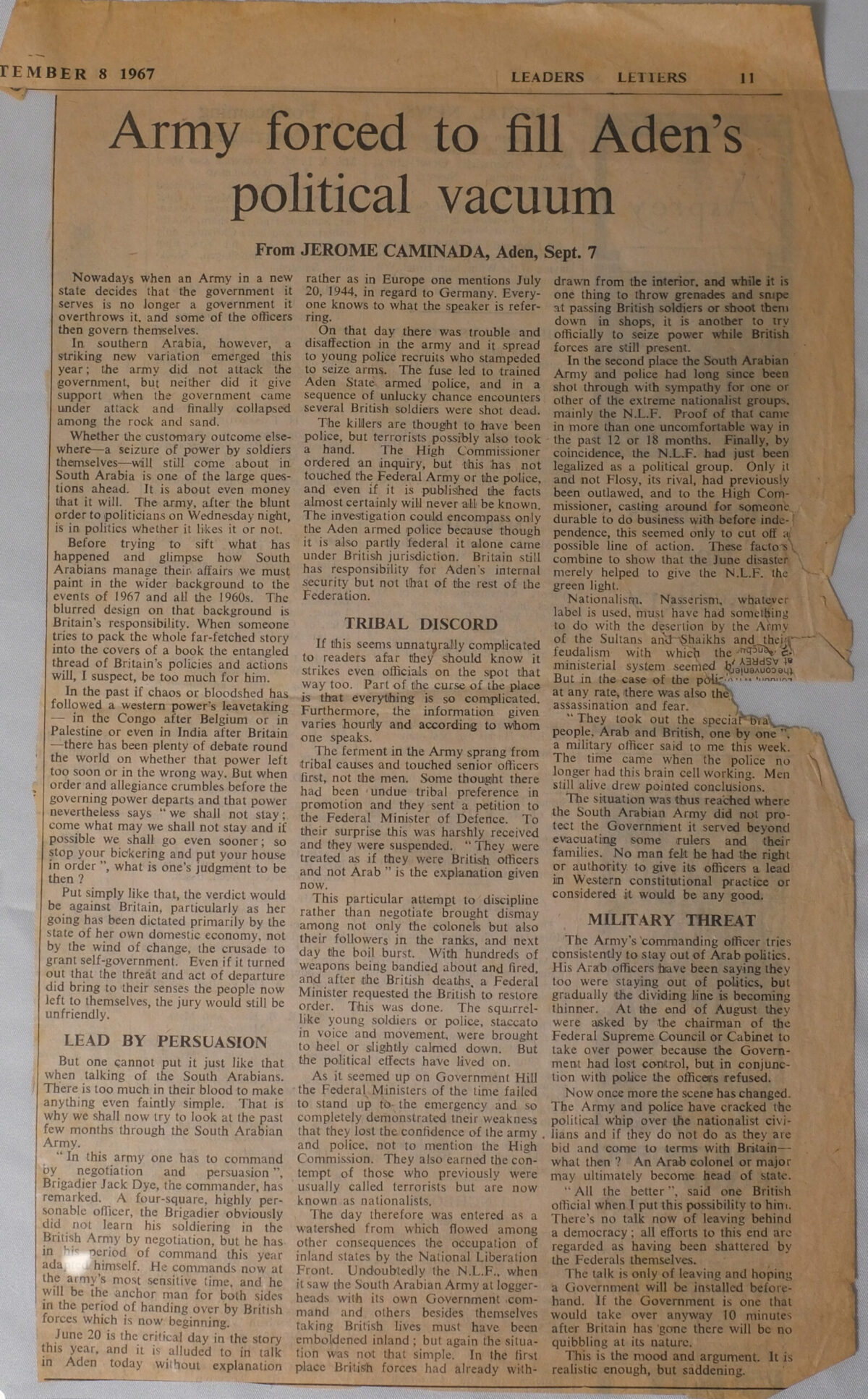 Army forced to fill void in Aden article 8 September 1967