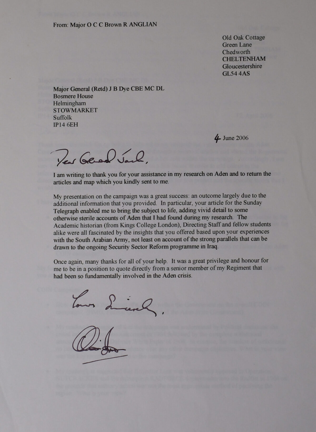 Letter on research on Aden