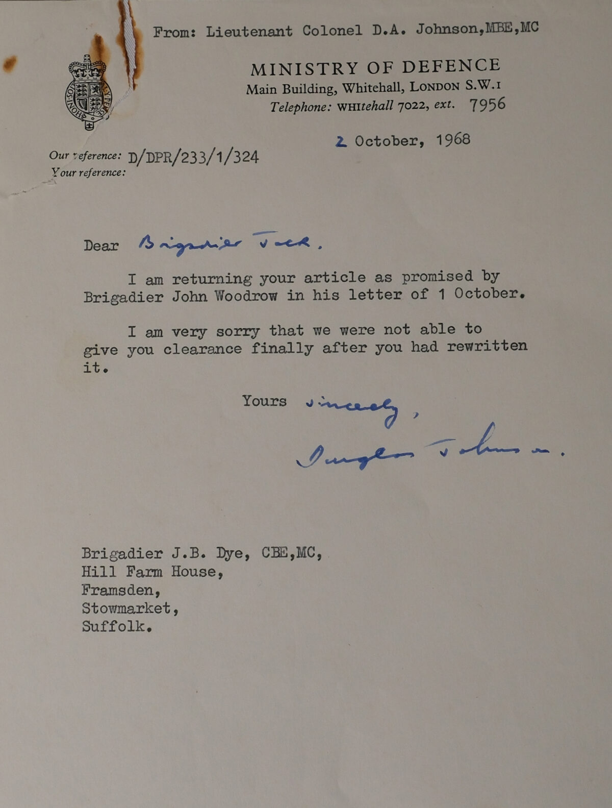 Letter from Lt Col D A Johnson