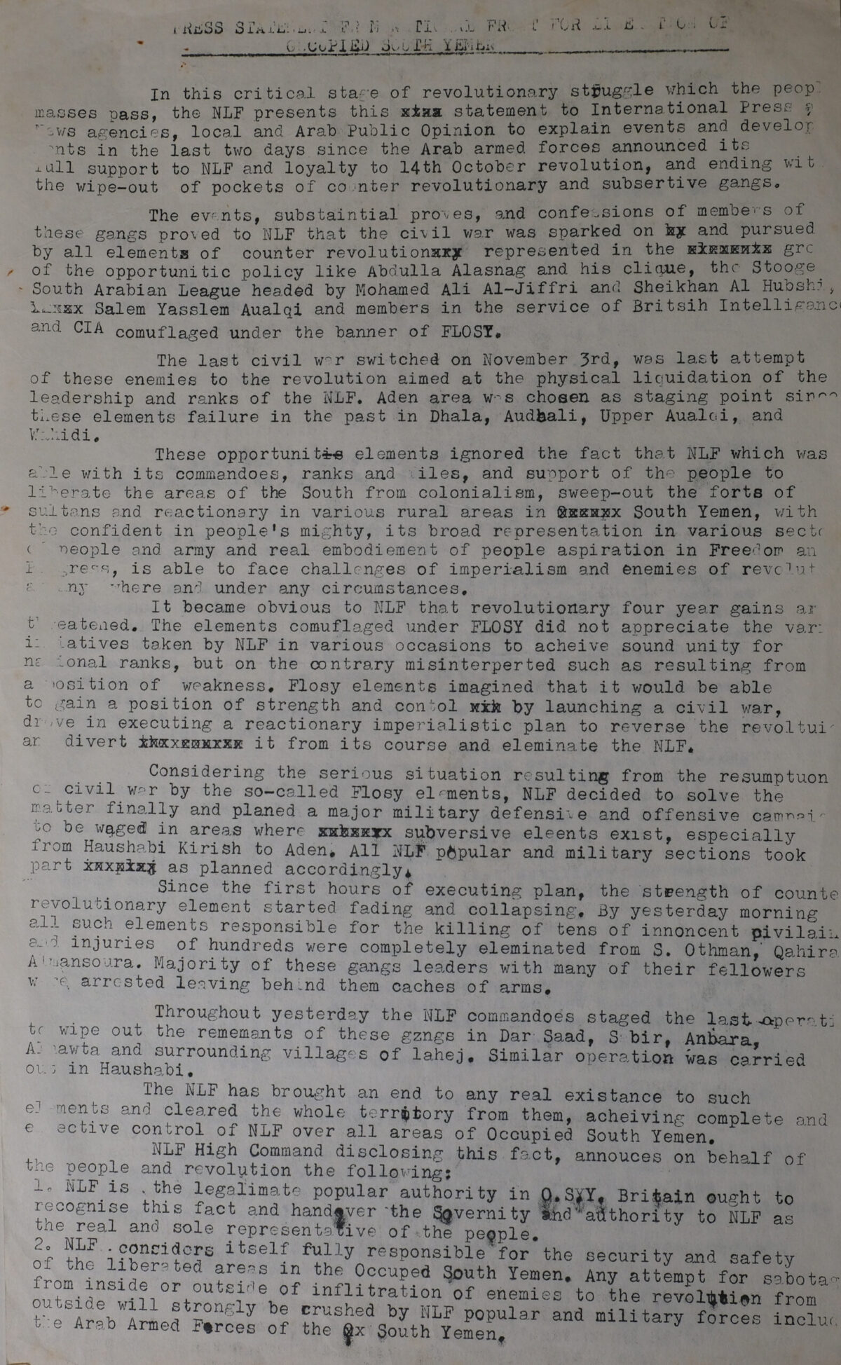 Press statement for occupied South Yemen