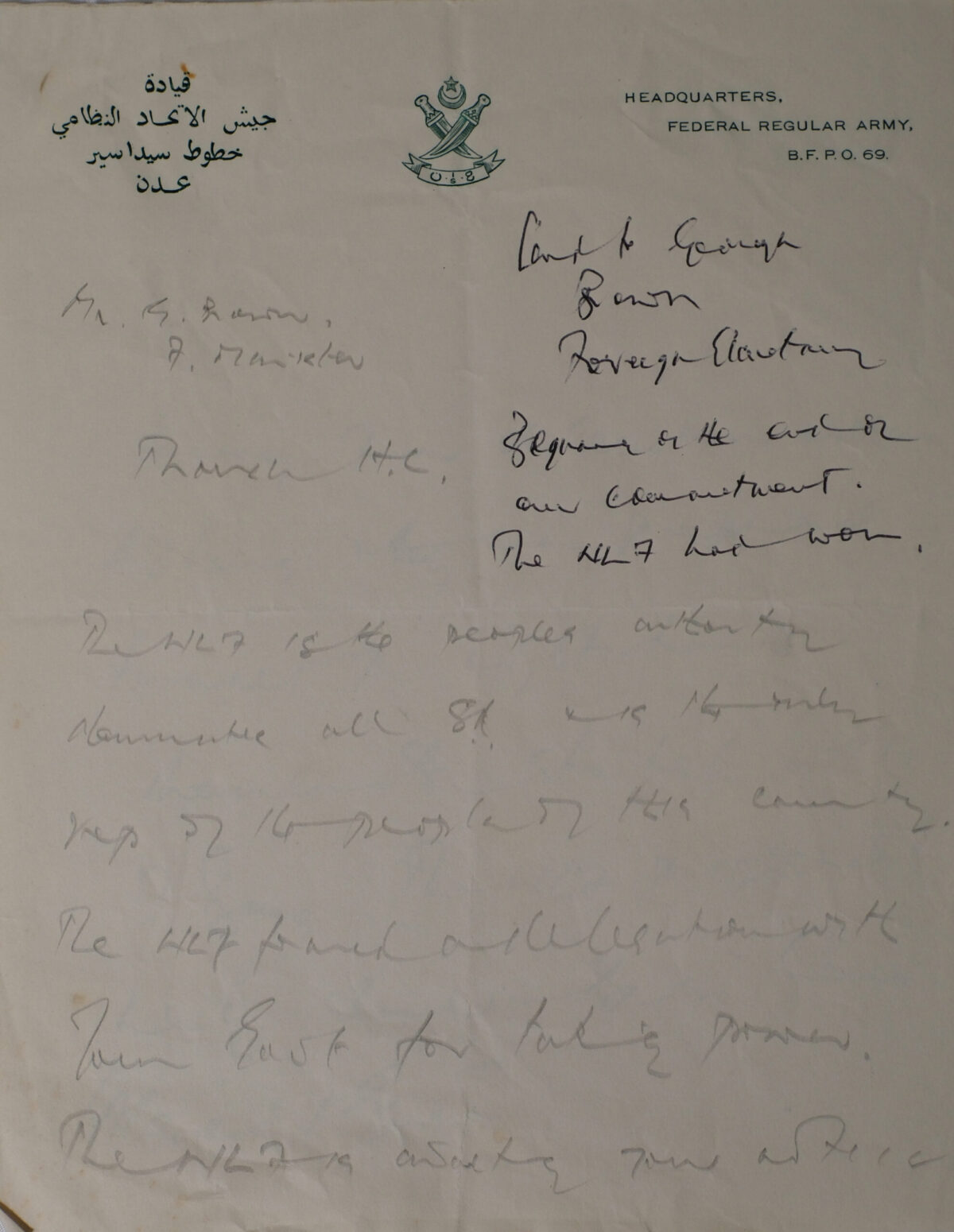 Handwritten letter from Federal Regular Army BFPO 69