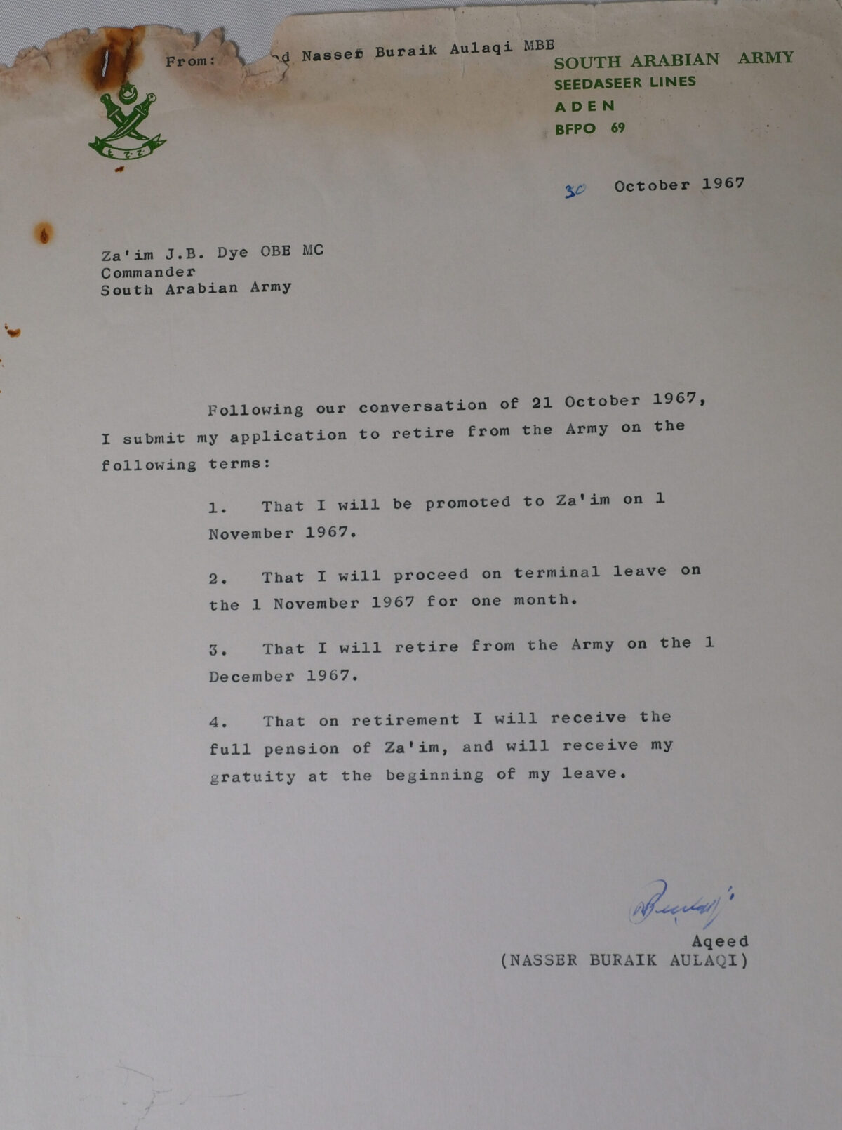 South Arabian Army Letter