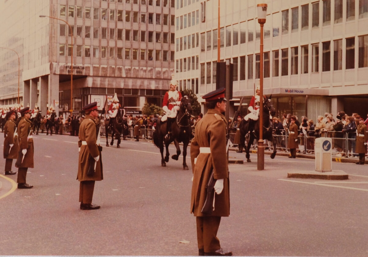 4th Battalion Royal Anglian Regiment street lining in London for a state visit in march 1983.