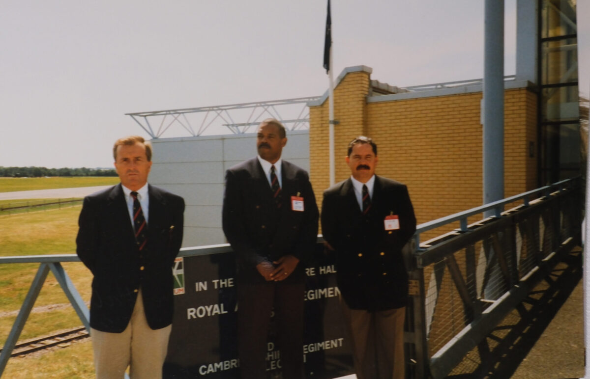 Lt Col Outerbridge, WO1 (RSM) Warren Furbert, Captain Eddie Lamb outside the Land Warfare Centre, IWM Duxford.