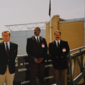 Lt Col Outerbridge, WO1 (RSM) Warren Furbert, Captain Eddie Lamb outside the Land Warfare Centre, IWM Duxford.
