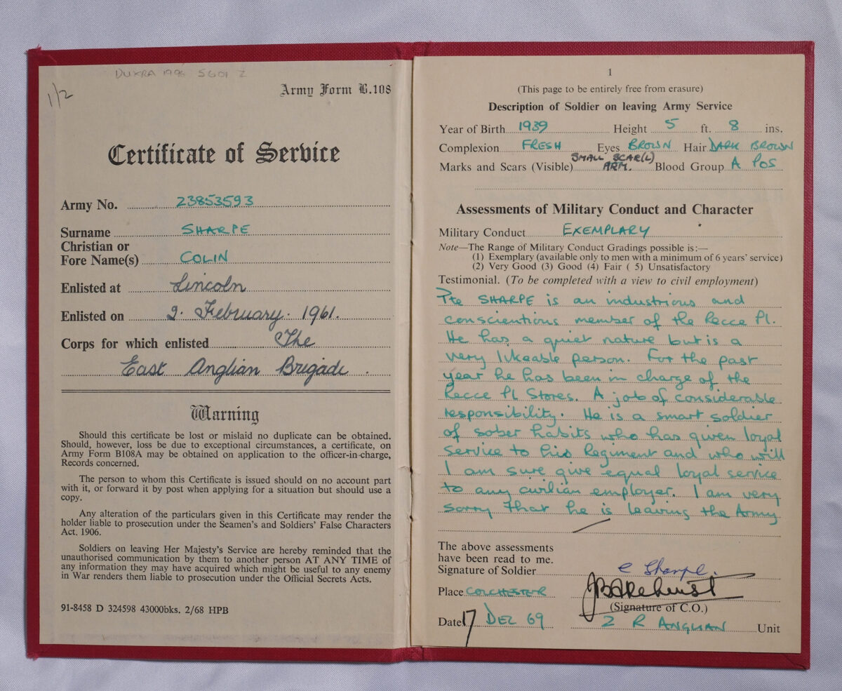 Regular Army Certificate of Service book for 23853593 Colin Sharpe.