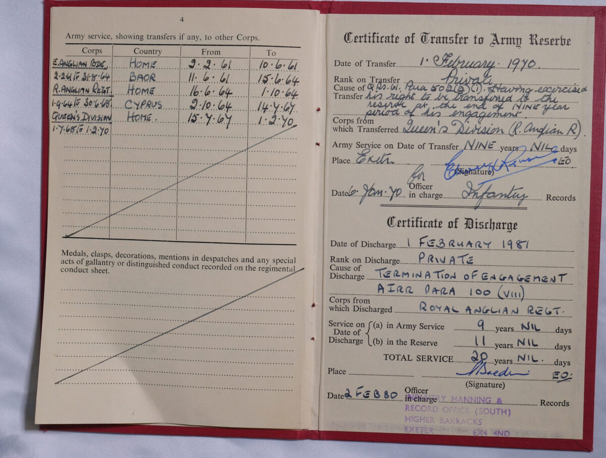 Regular Army Certificate of Service book for 23853593 Colin Sharpe.