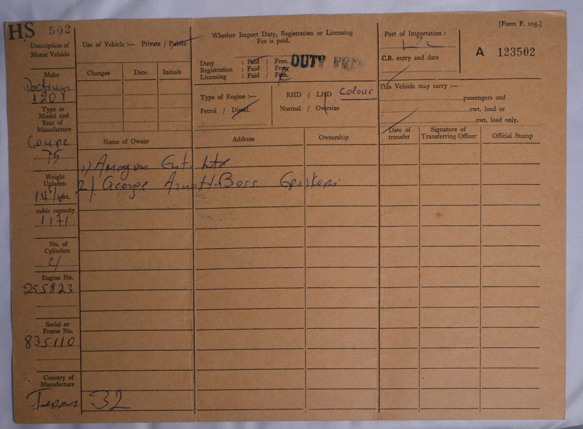 Certificate of vehicle registration Cyprus 26 Feb 1976,
