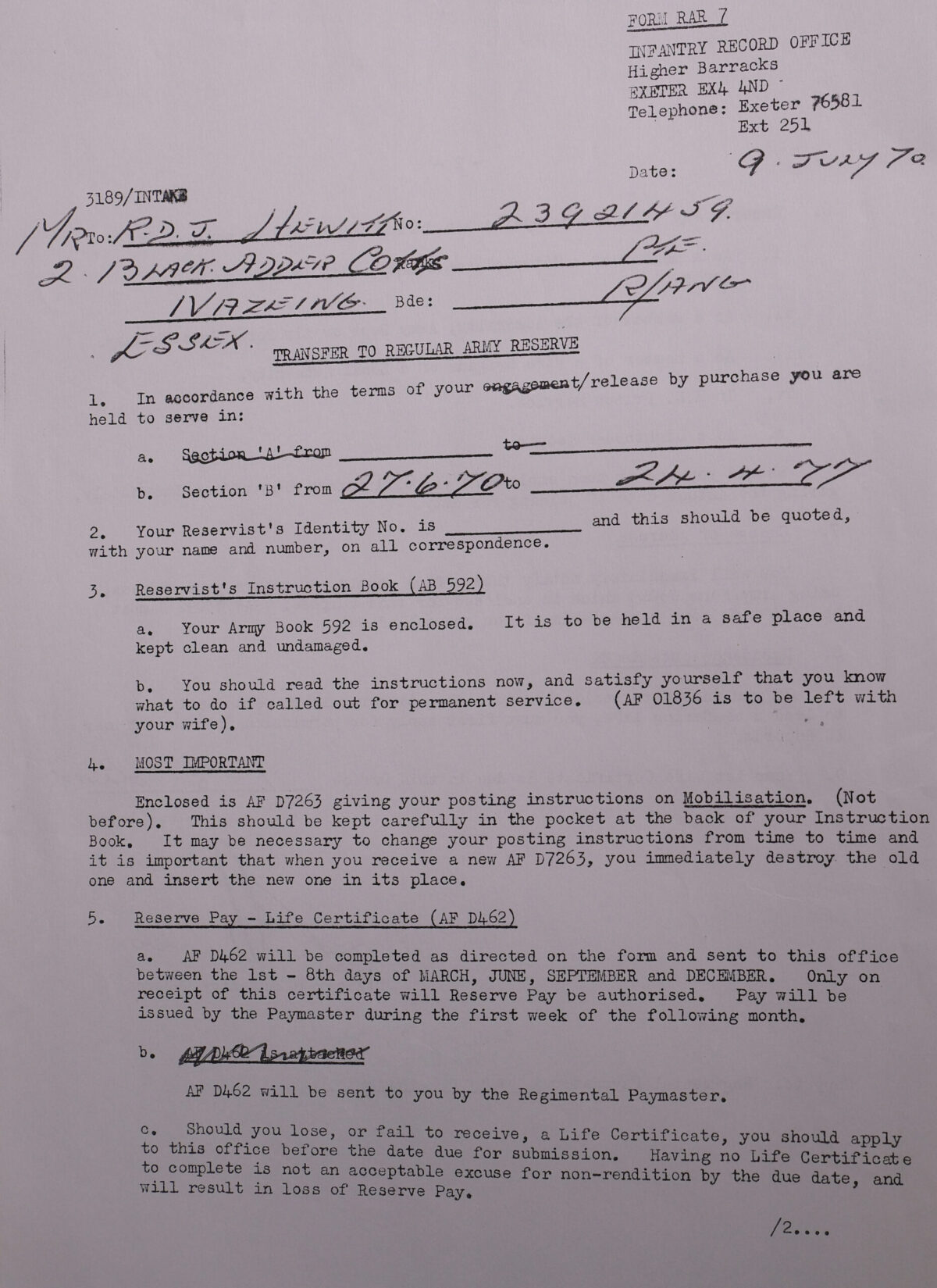 Transfer to Regular Army Form 9 Jul 1970