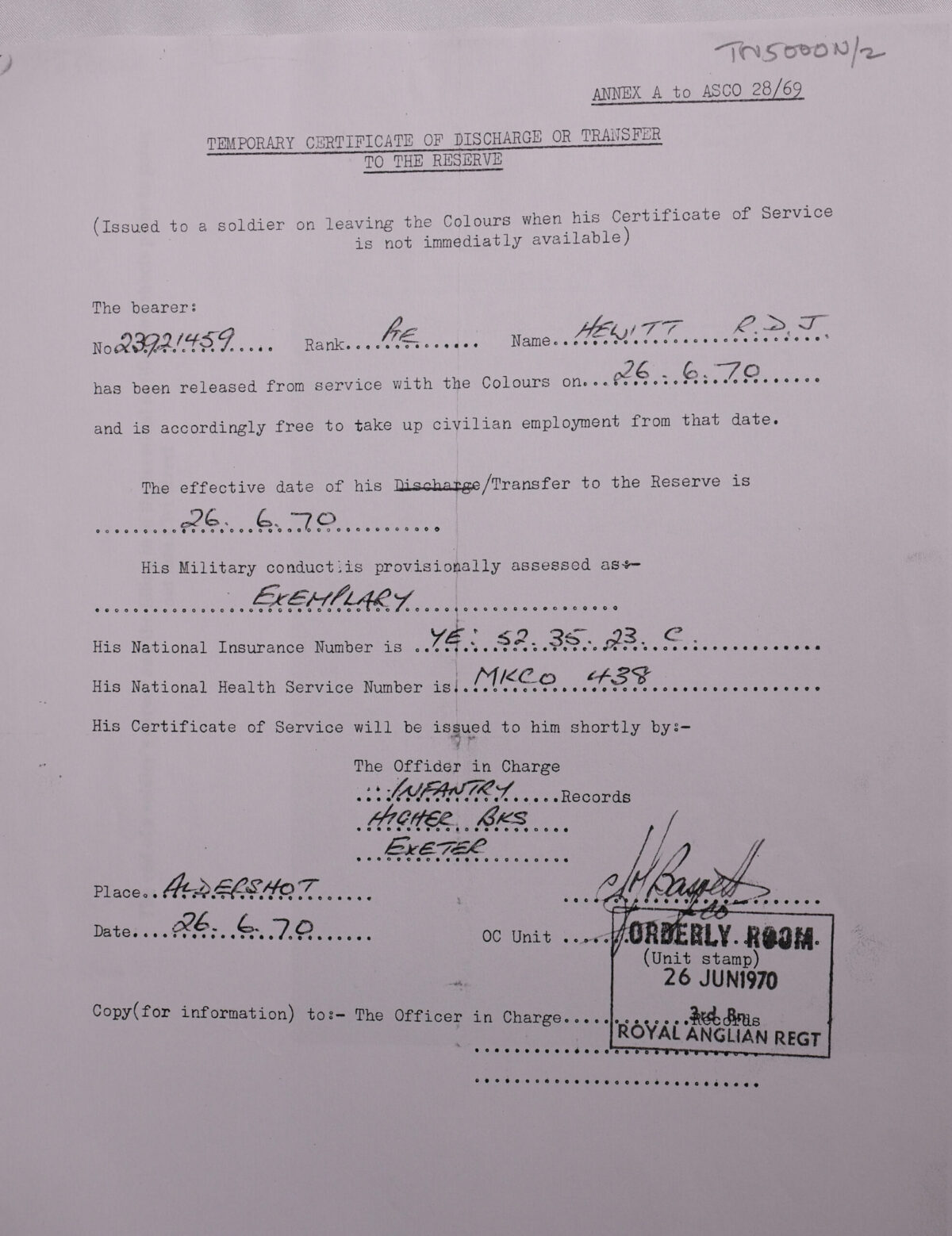 Transfer to Regular Army Form 9 Jul 1970