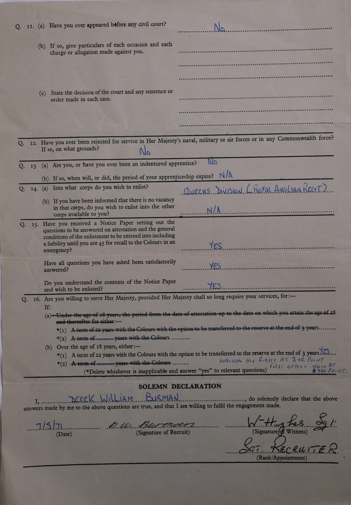 Army Form B 271 W. Notice Paper Regular Army Men.