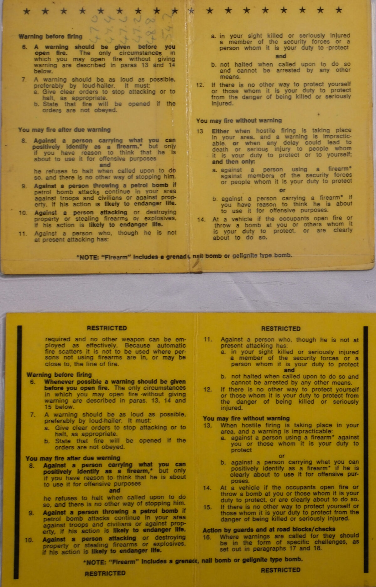 Northern Ireland instructions for opening fire.