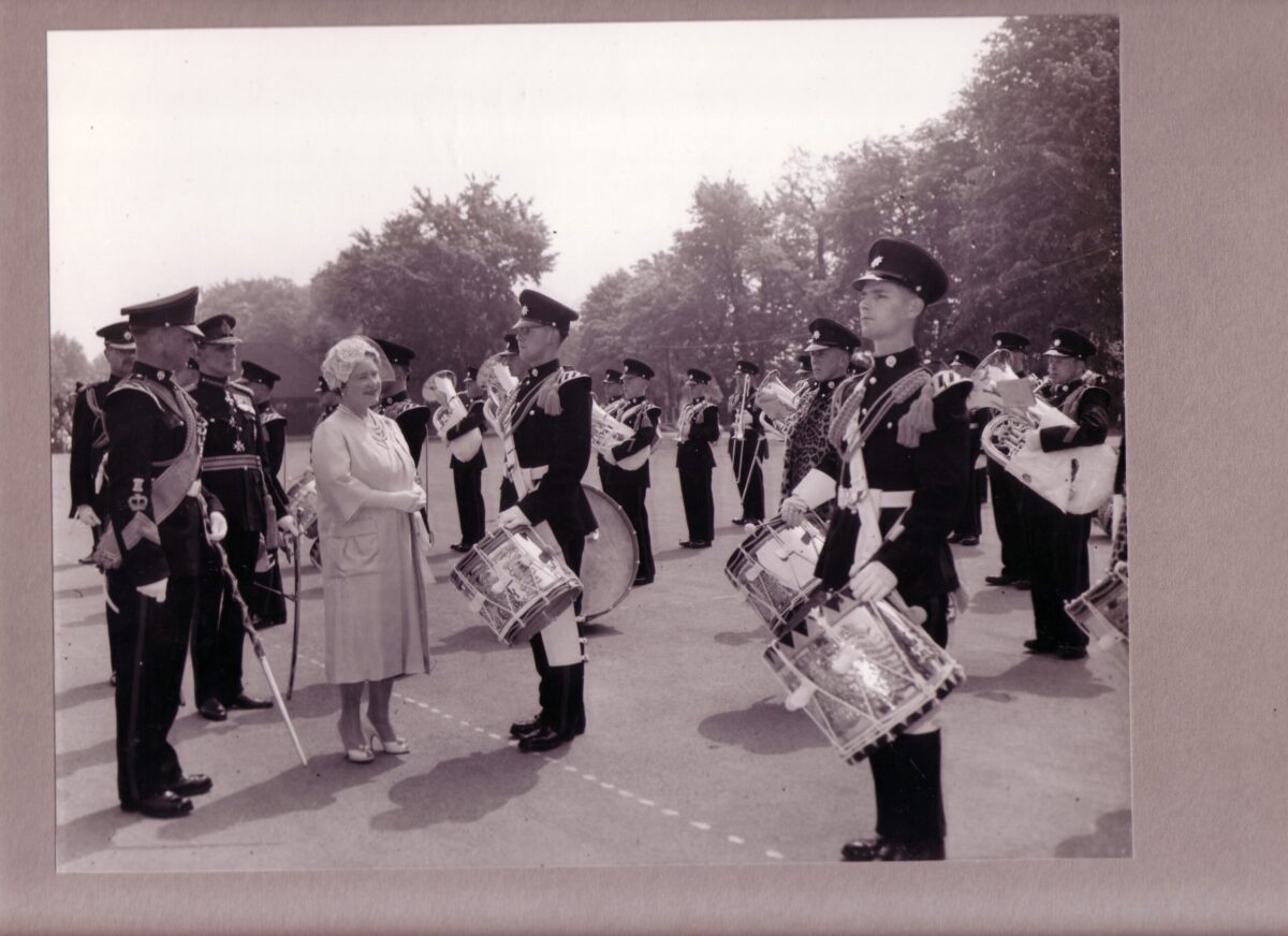 During her visit to Hertford on June 18, 1969, Queen Elizabeth The Queen Mother inspected the 5th (Volunteer) Battalion, The Royal Anglian Regiment. This battalion was heavily associated with the local Bedfordshire and Hertfordshire Regiment territorial forces, for which she served as Colonel-in-Chief