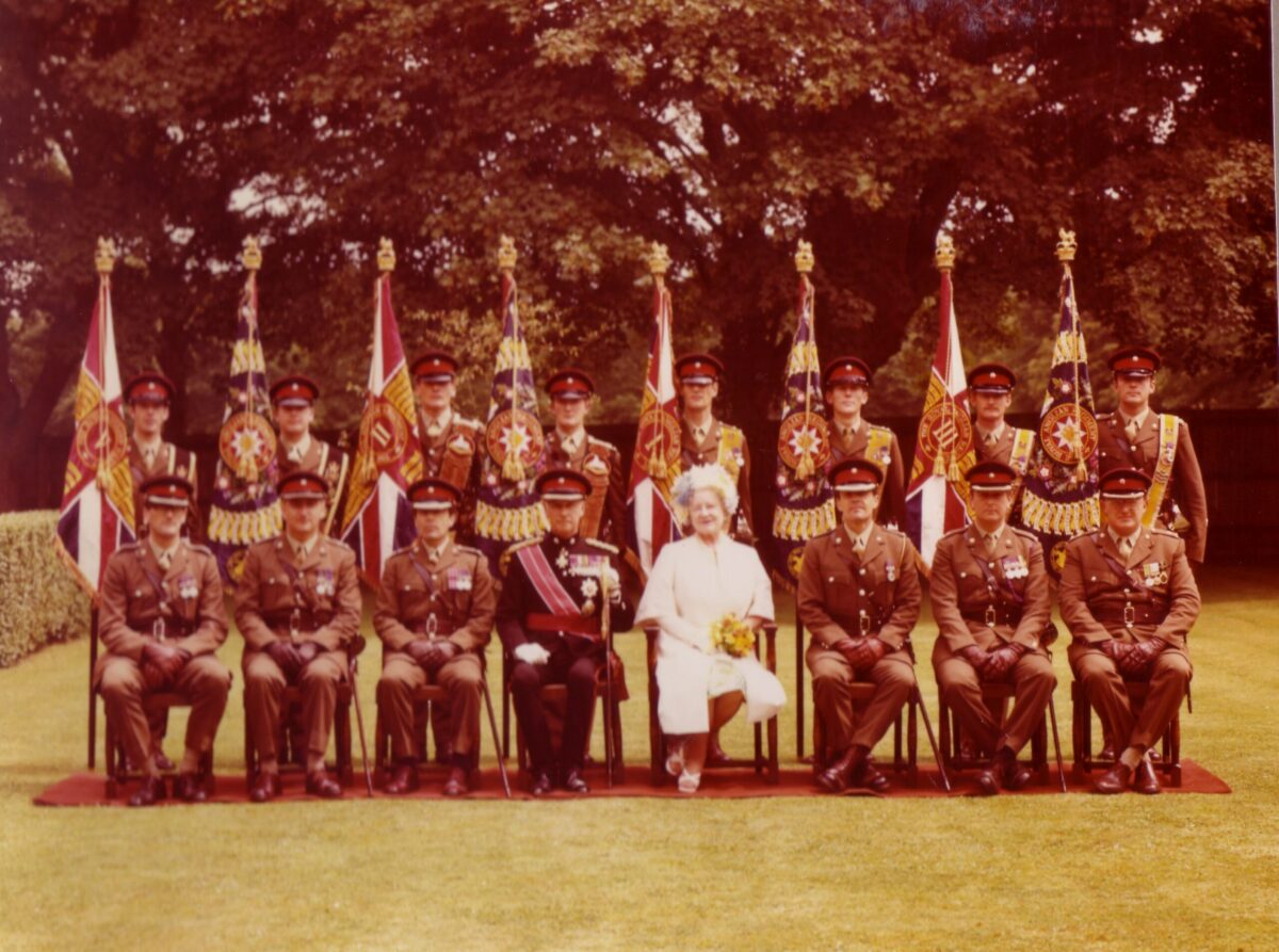 On 12 July 1974, Queen Elizabeth The Queen Mother presented new Colours to the 1st, 2nd, 3rd, and 5th (Volunteer) Battalions of the Royal Anglian Regiment at Tidworth Garrison. On 12 July 1974, Queen Elizabeth The Queen Mother presented new Colours to the 1st, 2nd, 3rd, and 5th (Volunteer) Battalions of the Royal Anglian Regiment at Tidworth Garrison.