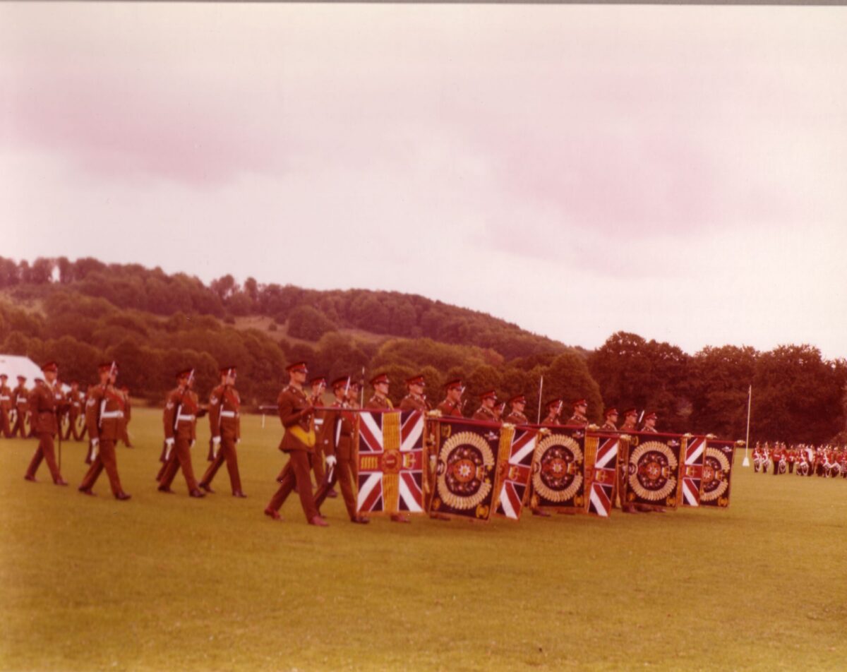 On 12 July 1974, Queen Elizabeth The Queen Mother presented new Colours to the 1st, 2nd, 3rd, and 5th (Volunteer) Battalions of the Royal Anglian Regiment at Tidworth Garrison. On 12 July 1974, Queen Elizabeth The Queen Mother presented new Colours to the 1st, 2nd, 3rd, and 5th (Volunteer) Battalions of the Royal Anglian Regiment at Tidworth Garrison.