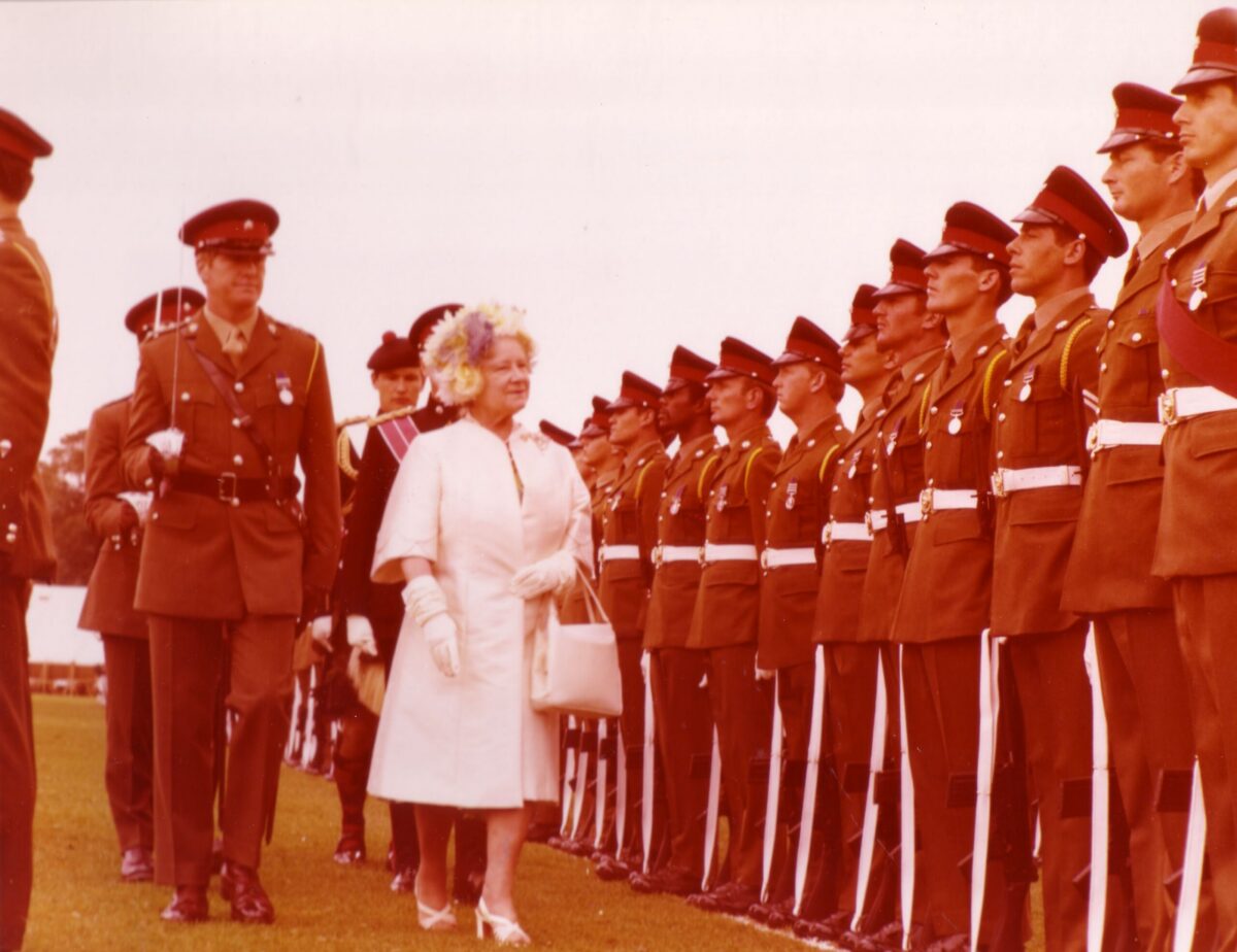 On 12 July 1974, Queen Elizabeth The Queen Mother presented new Colours to the 1st, 2nd, 3rd, and 5th (Volunteer) Battalions of the Royal Anglian Regiment at Tidworth Garrison.