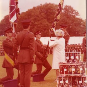 On 12 July 1974, Queen Elizabeth The Queen Mother presented new Colours to the 1st, 2nd, 3rd, and 5th (Volunteer) Battalions of the Royal Anglian Regiment at Tidworth Garrison.