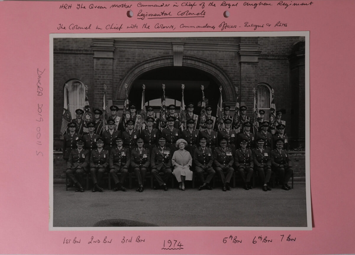 On 12 July 1974, Queen Elizabeth The Queen Mother presented new Colours to the 1st, 2nd, 3rd, and 5th (Volunteer) Battalions of the Royal Anglian Regiment at Tidworth Garrison.