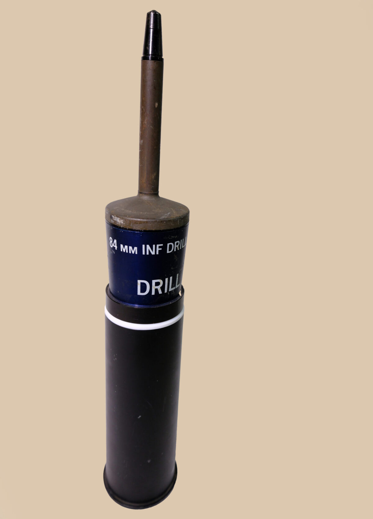 inert, deactivated British 84mm L50A1 drill round used for training with the Carl Gustaf recoilless rifle.