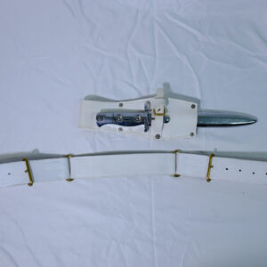 White ceremonial parade belt and bayonet frog featuring polished brass fittings and an accompanying bayonet/scabbard White ceremonial parade belt and bayonet frog featuring polished brass fittings and an accompanying bayonet/scabbard