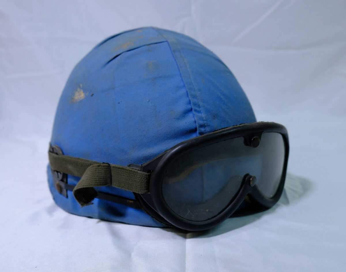 Helmet with United Nations Blue cover and Goggles