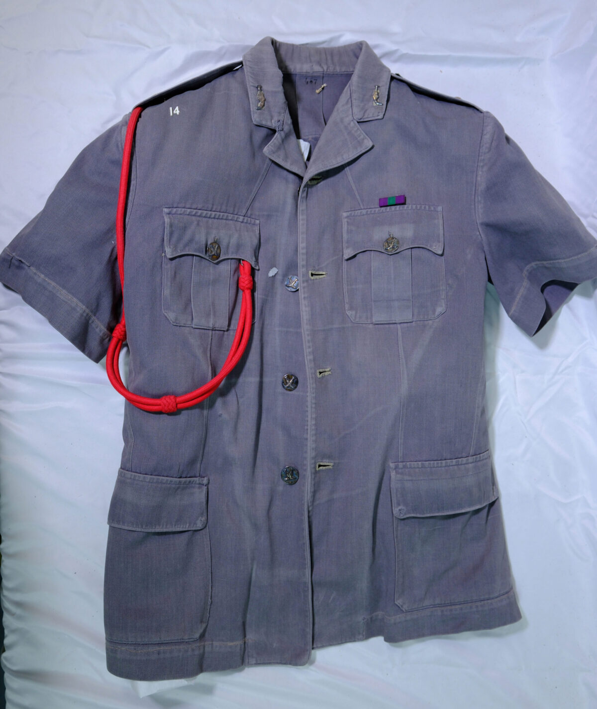 Grey military shirt with red dress cord