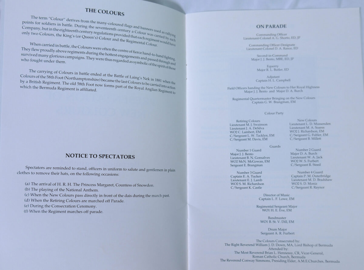Presentation of New Colours to the Bermuda Regiment 2 November 1990. Official programme. Presentation of New Colours to the Bermuda Regiment 2 November 1990. Official programme.