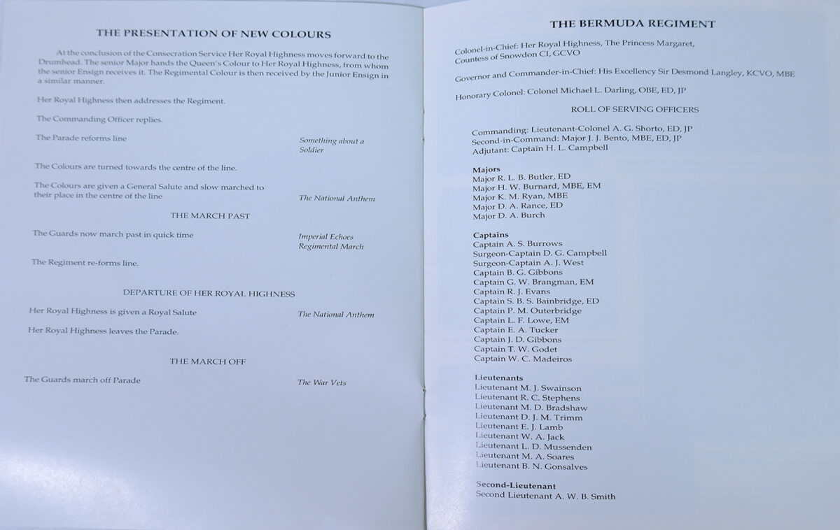 Presentation of New Colours to the Bermuda Regiment 2 November 1990. Official programme.