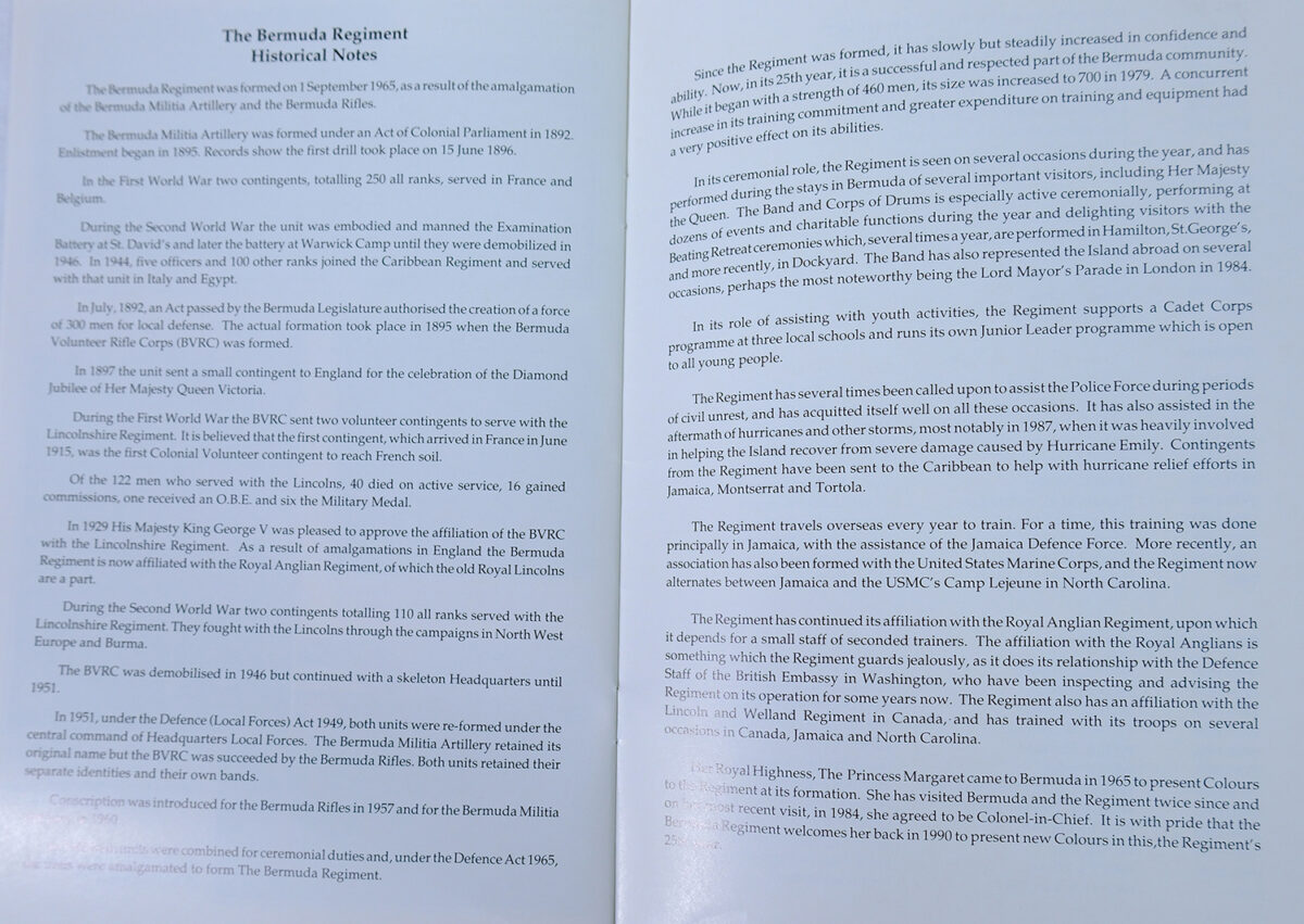 Presentation of New Colours to the Bermuda Regiment 2 November 1990. Official programme.